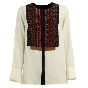 ETRO-Cream, white, black and brown bead embellished silk blouse.